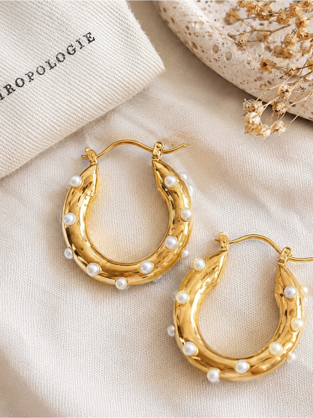 Anthropologie Gold Pearl Hoop Earrings – Chunky Statement Quiet Luxury